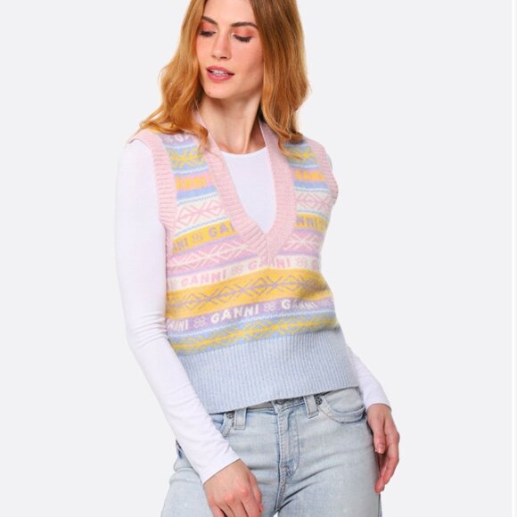 NWOT GANNI Graphic Multicolor V-Neck Sweater Wool Knit Sleeveless Vest - Picture 3 of 3